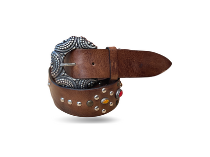 Gürtel Leder Vintage Boho Braun Schmucksteine Nieten 90 cm
