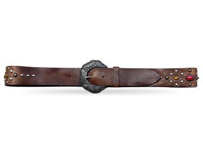 Gürtel Leder Vintage Boho Braun Schmucksteine Nieten 90 cm